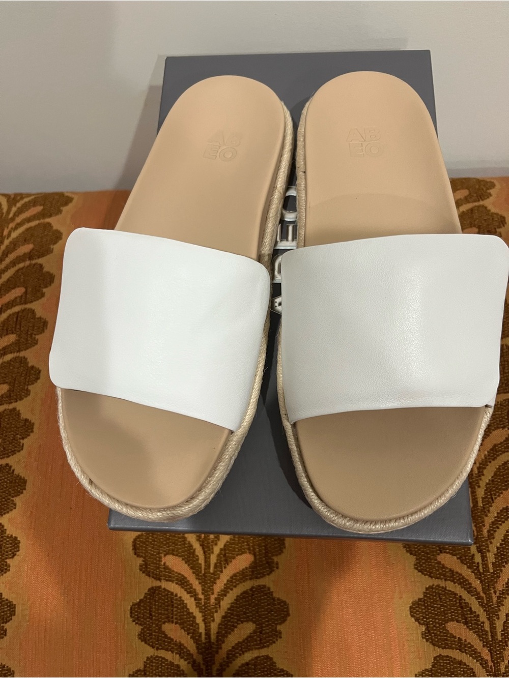 Abeo White Leather Slide Mules with Tan Footbed